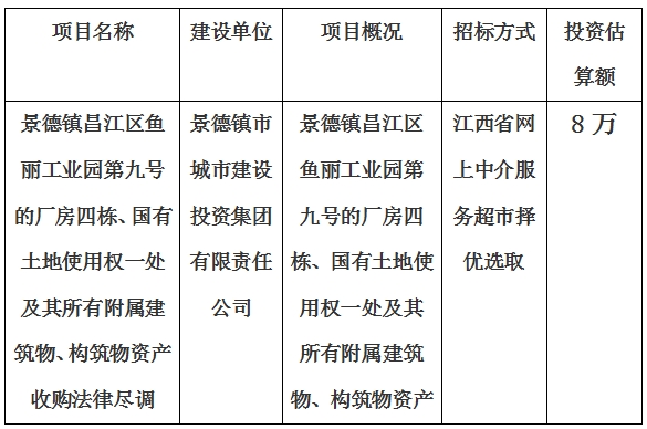 景德鎮(zhèn)昌江區(qū)魚麗工業(yè)園第九號(hào)的廠房四棟、國(guó)有土地使用權(quán)一處及其所有附屬建筑物、構(gòu)筑物資產(chǎn)收購(gòu)法律盡調(diào)項(xiàng)目計(jì)劃公告